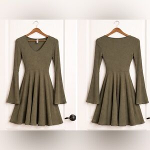 American Rag Olive Green Ribbed V-Neck Dress with Bell Sleeves